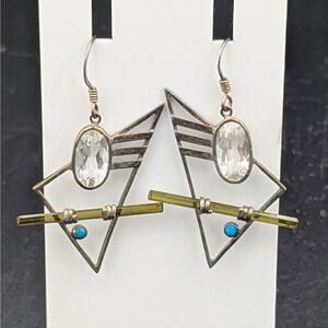 Artisan Sterling Modernist Earrings – Turquoise, Glass Rod & Clear Faceted Stone
